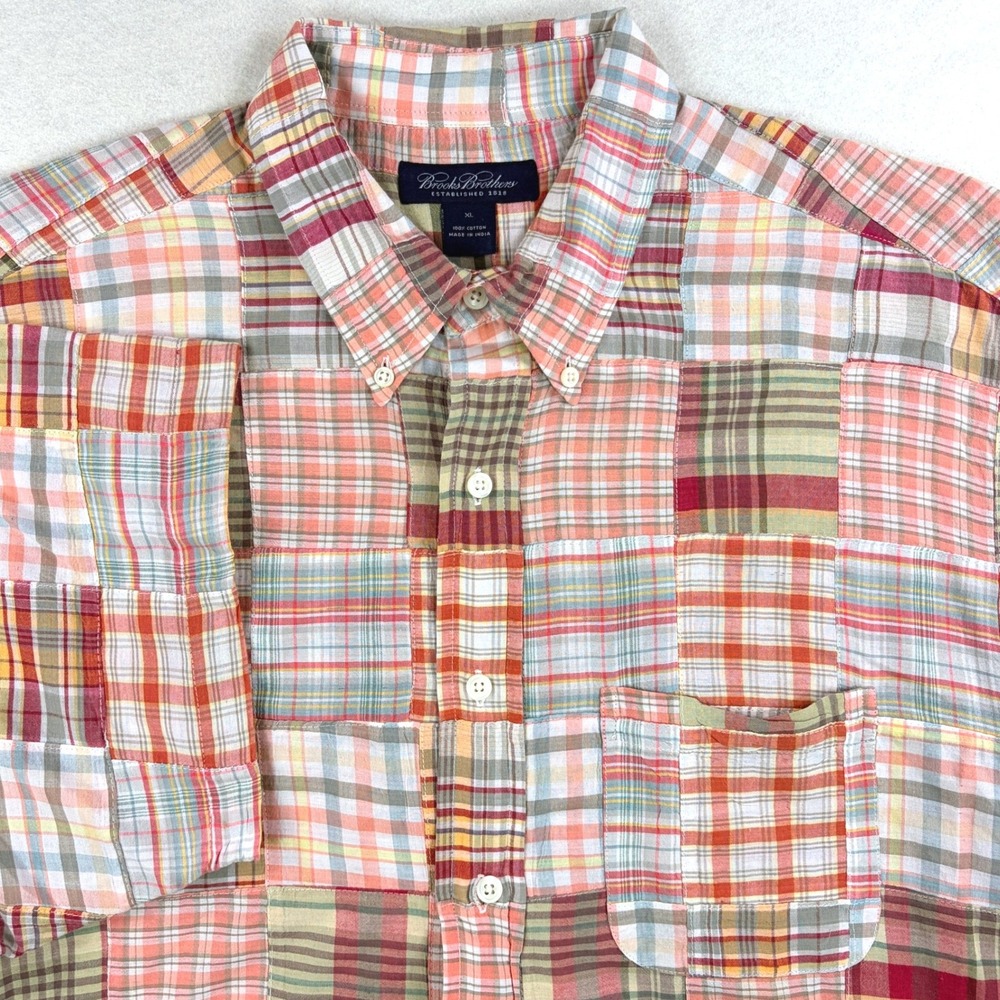 Brooks Brothers Mens XL Patchwork Madras Plaid Short Sleeve Button Down Shirt